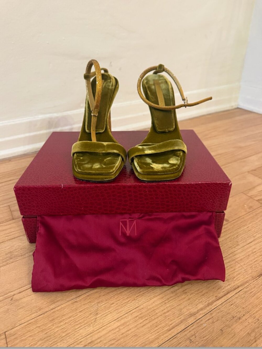 Tamara Mellon Olive Green Velvet Crystal Heel Sandals EU 38.5 | Worn Once